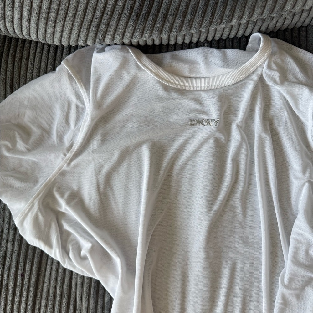 DKNY White Sheer Mesh Logo Tee – Size 3X (Oversized Fit for S/M/L)